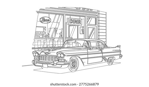 Black and white drawing showing American automotive history with an old style motor vehicle and restaurant building.