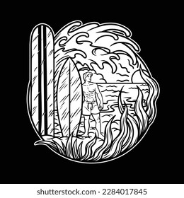 Black and white drawing showing a man holding a surfboard. Summer is one of the seasons in countries with temperate and subtropical climates
