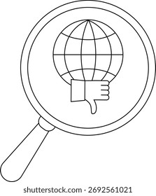 Black and white drawing shows a globe with a thumbs down inside a magnifying glass