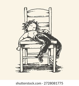 A black and white drawing shows a young child leaning over a chair, appearing tired and exhausted.