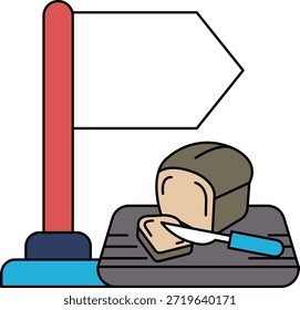 Un dibujo en blanco y negro de un cartel con una bandera, un cuchillo y un trozo de pan en una mesa. La señal apunta hacia el pan, sugiriendo que es el foco principal de la Imagen