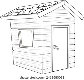 Black and white drawing of a simple shed.