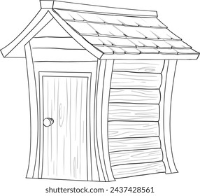 Black and white drawing of a simple shed.