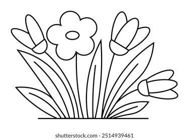 Black and white drawing of a single flower with three buds and leaves. Ideal for coloring books, educational materials, botanical themes, minimalist design, and nature appreciation. Simple line art.