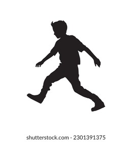 black and white drawing of single running boy, silhouette over white background