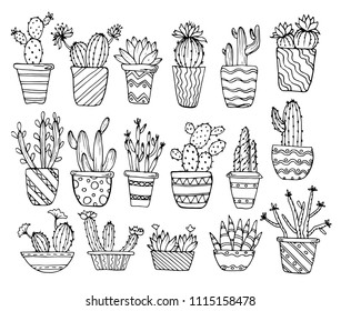 Black and white drawing, sketch, doodle. Cactus, houseplants, flowers, succulents in pots on a white background