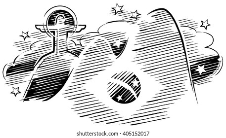 Black and white drawing in sketch format of the best known symbols of the city of Rio in Brazil, with a simulation of the Brazil flag in front