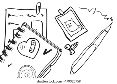 black and white drawing, sketch. school theme, education, notebook, notepad, pen. line art. banner on the school theme. school sticker
