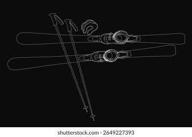 Black and white drawing of skis and poles on a dark background, featuring detailed bindings and textured ski edges. The minimalist composition highlights winter sports equipment with clean lines.