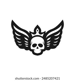 a black and white drawing of a skull with wings and a skull on it.