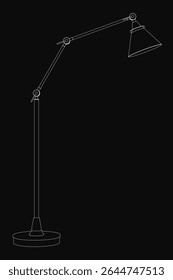 Black and white drawing of a sleek modern floor lamp with a long arm and curved round shade, emitting warm inviting light on a black background. The minimalist design highlights clean lines.
