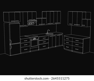 Black and white drawing of a sleek modern kitchen with dark cupboards, a sink and tap, and an oven. The dark background enhances the minimalist and contemporary aesthetic.