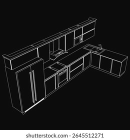 Black and white drawing of a sleek modern kitchen featuring a sink, cupboards, and a platform against a dark background. The minimalist design highlights clean lines and a contemporary aesthetic.