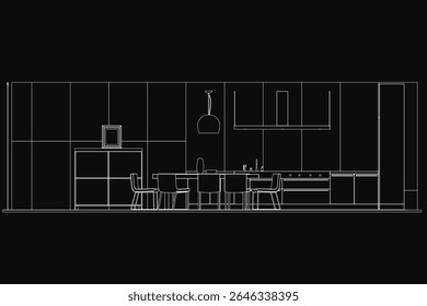 Black and white drawing of a sleek modern kitchen with a table, chairs, sink, and tap. A bottle and other objects add detail against a dark background. The minimalist style creates a stylish interior.