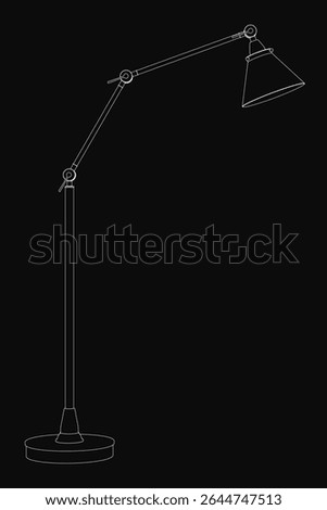 Black and white drawing of a sleek modern floor lamp with a long arm and curved round shade, emitting warm inviting light on a black background. The minimalist design highlights clean lines.