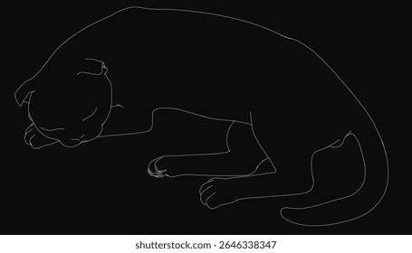 Um desenho preto e branco de um gato dormindo deitado no chão, colocado sobre um fundo escuro com linhas limpas e detalhes mínimos. O felino relaxado exala tranquilidade com os olhos fechados