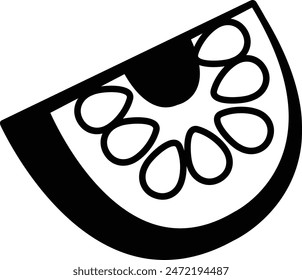 A black and white drawing of a slice of watermelon. The slice is cut in half, and the seeds are visible. The image has a simple and clean look, with the focus on the watermelon slice