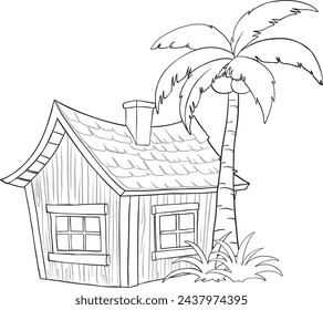 Black and white drawing of a small beach house