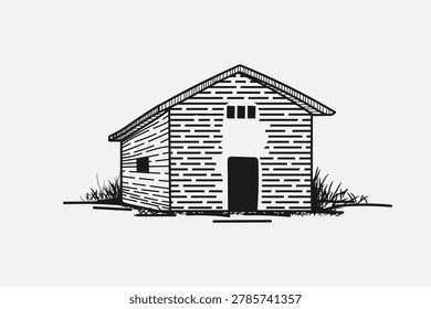 A black and white drawing of a small house vector illustration