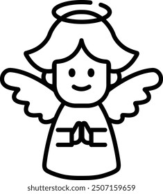 A black and white drawing of a smiling angel with wings. The angel is holding her hands together in a prayer position