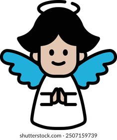 A black and white drawing of a smiling angel with wings. The angel is holding her hands together in a prayer position