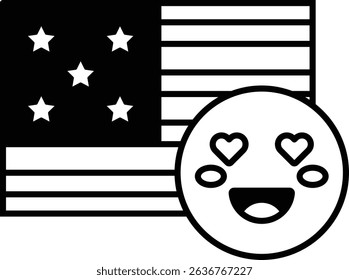 A black and white drawing of a smiling face with two hearts and a flag in the background