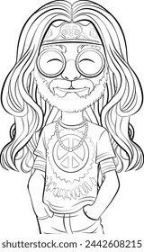 Black and white drawing of a smiling hippie.