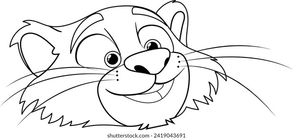 Black and white drawing of a smiling lion cub.