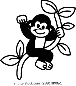 A black and white drawing of a smiling monkey sitting on a branch. The monkey is holding onto the branch with its hands and he is enjoying itself