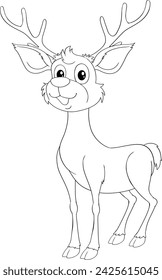 Black and white drawing of a smiling reindeer.