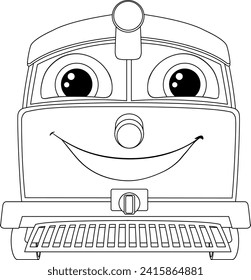 Black and white drawing of a smiling train face