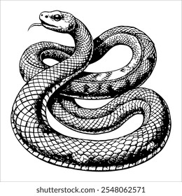 A black and white drawing of a snake