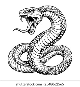 A black and white drawing of a snake with its mouth open