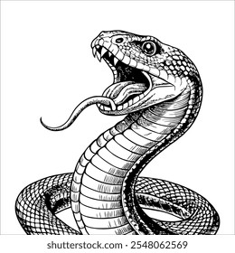 A black and white drawing of a snake with its mouth open