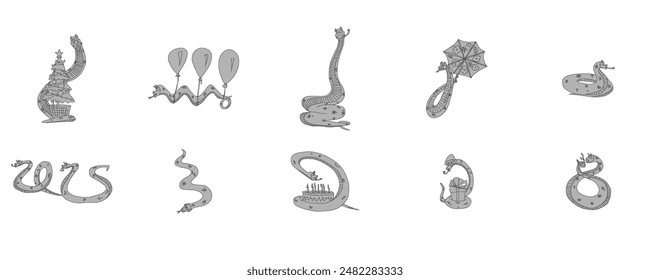 black and white drawing of a snake with a New Year's gift curled up near it, compilation. vector stock image