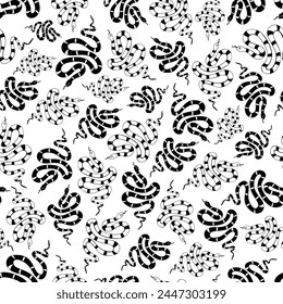 Black and white drawing of snakes arranged in vector seamless pattern. A group of freehand drawn snakes that vary in size are swarming and rotating across a white backdrop.