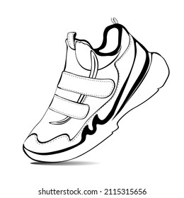 Black and white drawing of sneakers for sports. Shoes for coloring book. Vector illustration