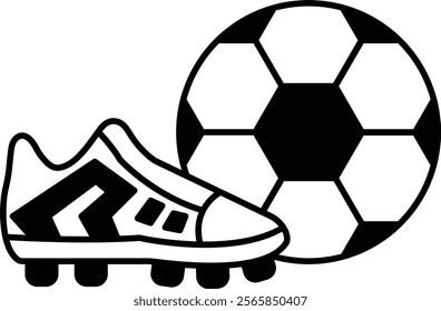 A black and white drawing of a soccer ball and a pair of soccer cleats. Concept of sportsmanship and teamwork