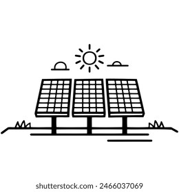 A black and white drawing of a solar panel with sun shining