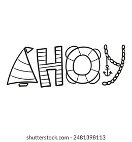 Black and white drawing of some hand-drawn letters of the word ahoy center, black and white clipart, coloring page