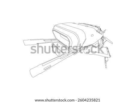 A black and white drawing of a spaceship with a white background. The drawing is of a futuristic looking spaceship with a pointed nose and a large wing