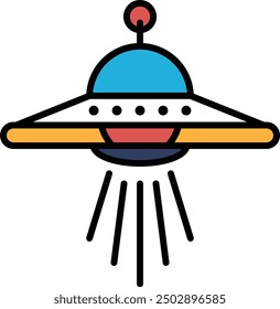 A black and white drawing of a spaceship with a light shining on it. The spaceship is flying through space and the light is coming from the top of the spaceship. Scene is futuristic and adventurous
