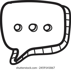 A black and white drawing of a speech bubble with dots in the middle. The speech bubble is drawn in a cartoon style and has a playful, lighthearted feel to it