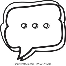 A black and white drawing of a speech bubble with dots in the middle. The speech bubble is drawn in a cartoon style and has a playful, lighthearted feel to it