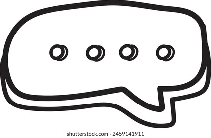 A black and white drawing of a speech bubble with four dots in the middle. The speech bubble is drawn in a cartoon style and has a playful, lighthearted feel to it