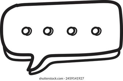 A black and white drawing of a speech bubble with dots in the middle. The speech bubble is drawn in a cartoon style and has a playful, lighthearted feel to it