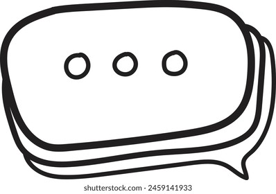 A black and white drawing of a speech bubble with dots in the middle. The speech bubble is drawn in a cartoon style and has a playful, lighthearted feel to it