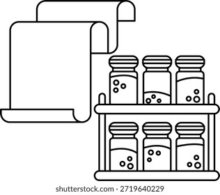 Un dibujo en blanco y negro de un estante de especias con seis frascos de especias. Las especias están en frascos Pequeños y están dispuestas en un estante. El estante de especias se coloca junto a un pedazo de papel