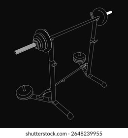 Um desenho preto e branco de um rack agachado com uma barbell, com linhas limpas e um estilo minimalista. O fundo escuro enfatiza a forte silhueta do equipamento de ginástica.