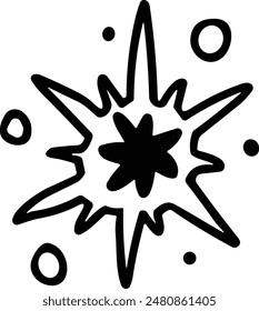 A black and white drawing of a star with a black dot in the center. The star is drawn in a very stylized way, with a lot of detail and emphasis on the center dot